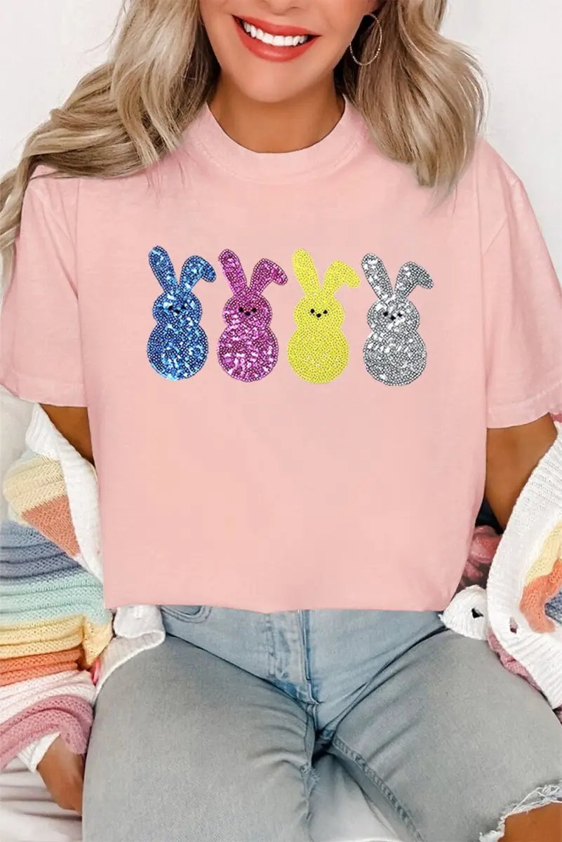 Pink Sequin Cute Bunny Graphic Easter Fashion Tee Shirt - Love Salve
